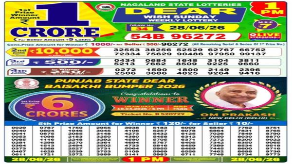Nagaland State Lottery Result Today, 28-06-2026: Dear 1PM Morning Sunday Weekly Lucky Draw Winners