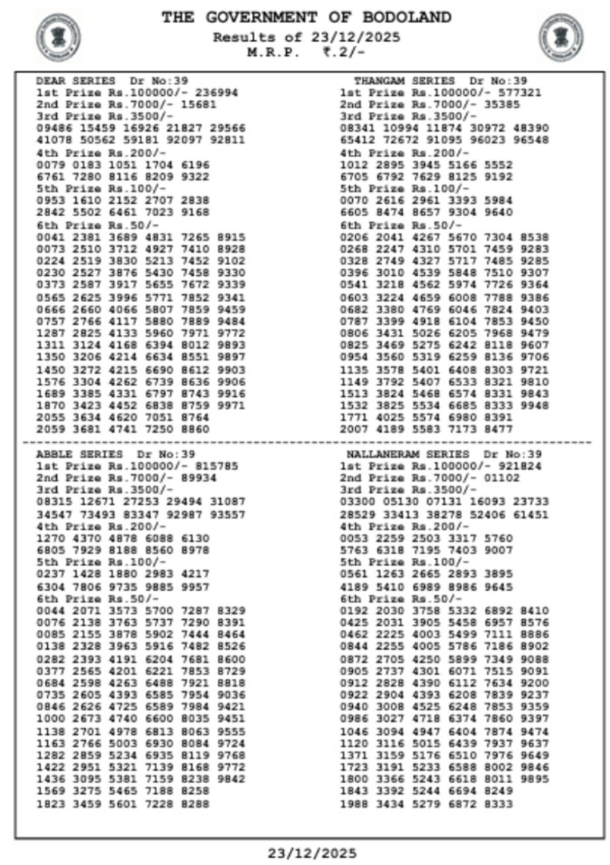 Assam State Lottery Today 3 PM Draw  23 Dec  Bodoland Lottery Result PDF Inside