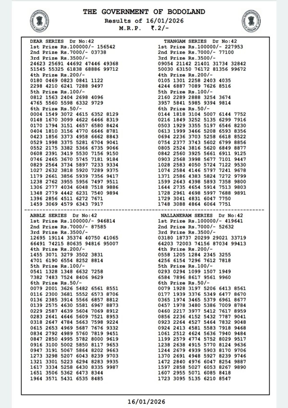 Assam State Lottery Results  16th Jan  Bodoland Lottery Results Released  Friday Series  3 PM Draw PDF Version Here