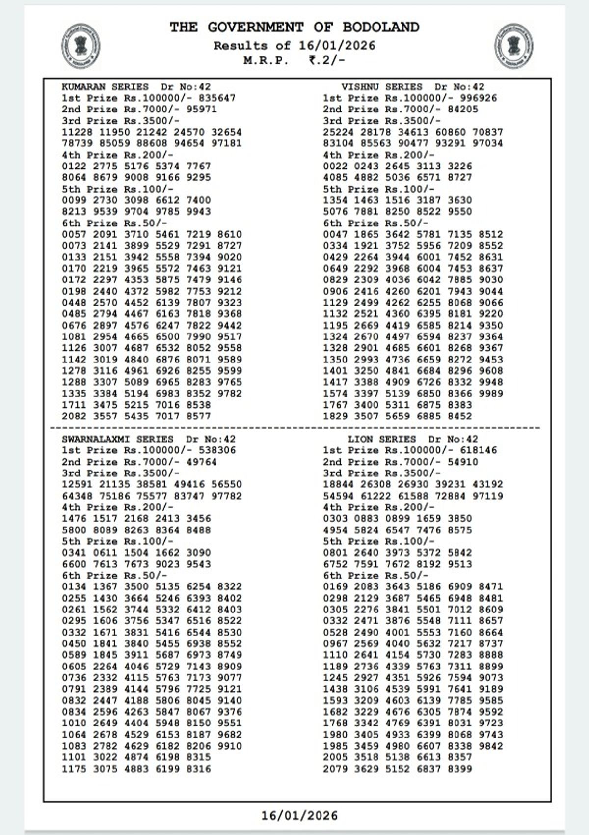 Assam State Lottery Results  16th Jan  Bodoland Lottery Results Released  Friday Series  3 PM Draw PDF Version Here