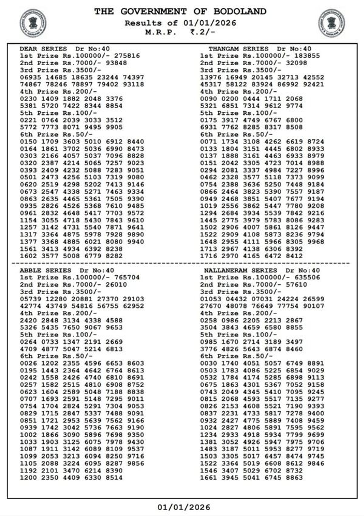 Assam State Lottery Today 3 PM Draw  1st Jan 2026 - Thursday Series  Check Bodoland Lottery Result  PDF Here