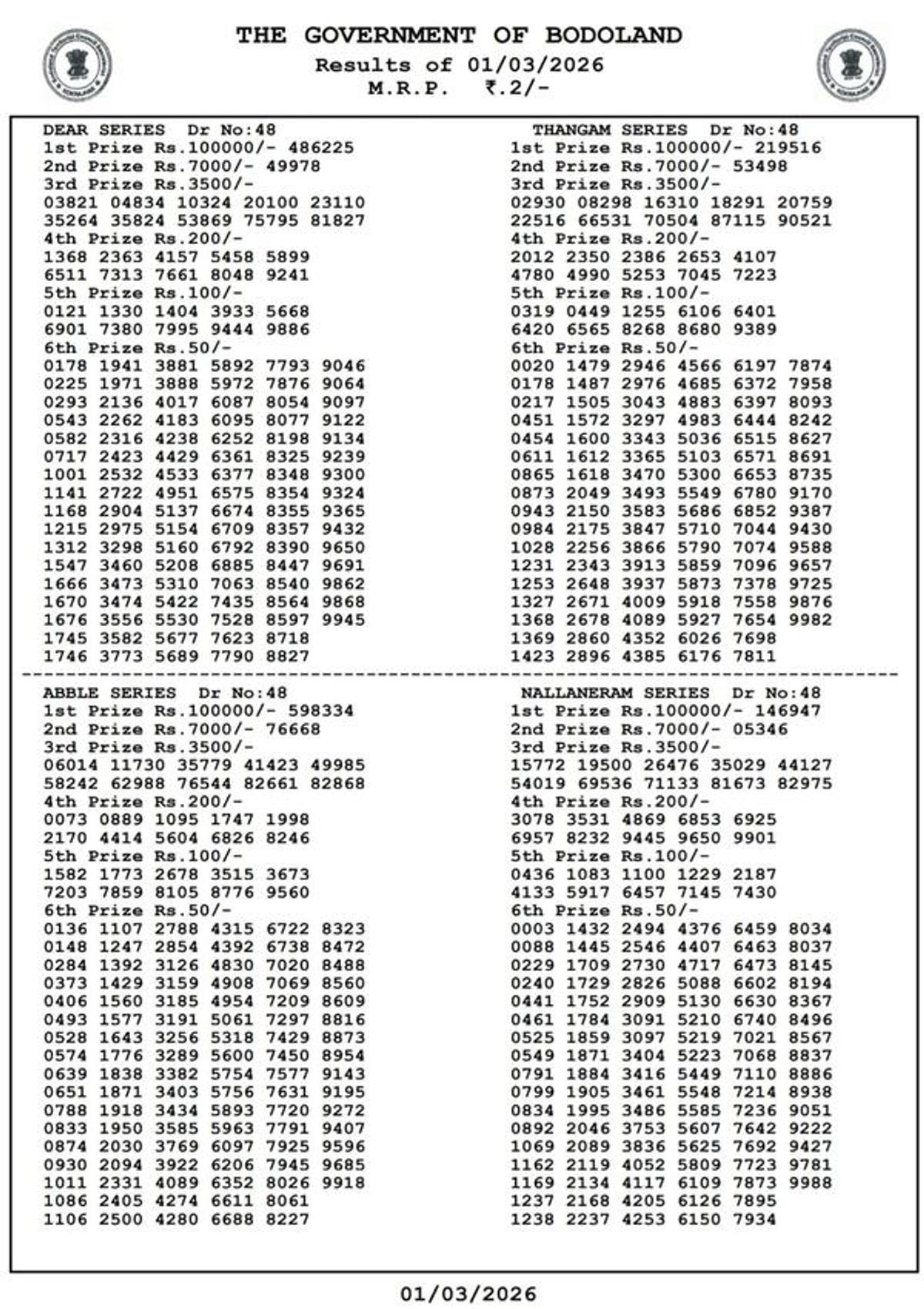 Assam Bodoland Lottery Result Today  1st March - Sunday Series  Check Assam Lottery Result  PDF Version Here