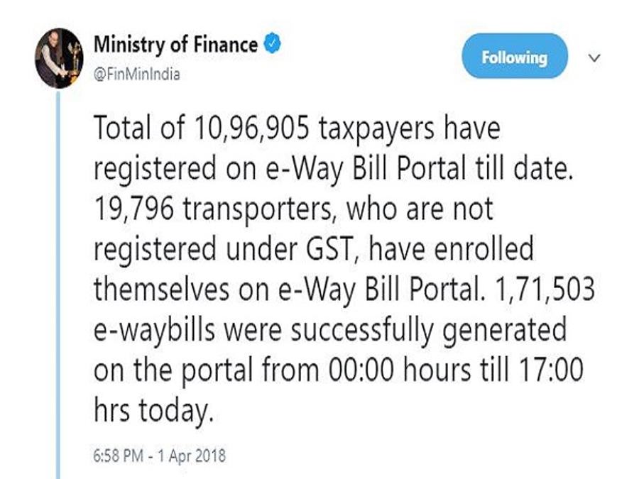 E-way Bill Finance Ministry Tweet