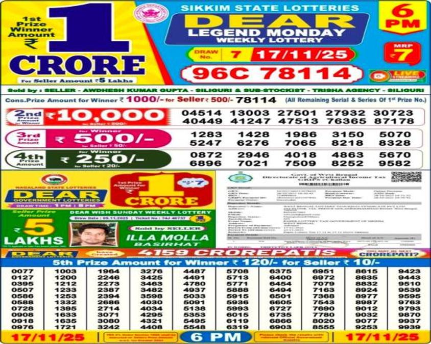 Nagaland DEAR LEGEND MONDAY Lottery Sambad Result LIVE