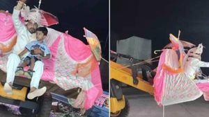  புல்டோசரில் ஊர்வலம் போன மாப்பிள்ளைக்கு வந்த சோதனை.. ரூ.5000 அபராதம்.. ஏன்? 