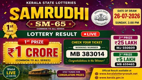 Samrudhi SM-65 Kerala Lottery Result Today, 26-07-2026 LIVE: Check Sunday Weekly Lucky Draw Winners List