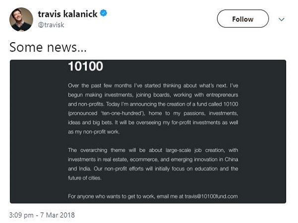 Travis Kalanick Launches New Fund With Focus on Job Creation in India & China