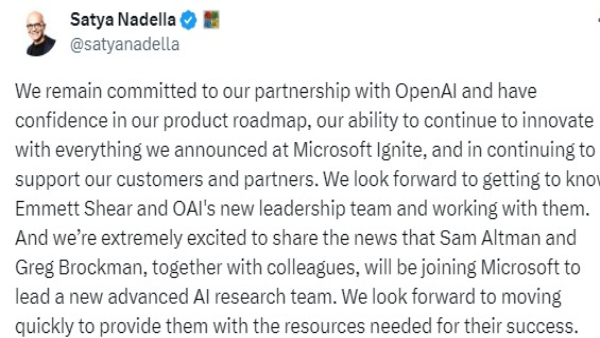 Satya Nadella says Sam Altman and Greg Brockman, will join Microsoft