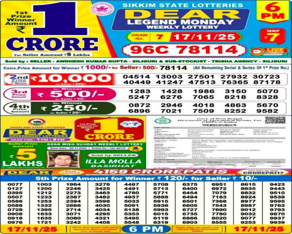 Nagaland DEAR LEGEND MONDAY Lottery Sambad Result LIVE 6 PM 17 November 2025