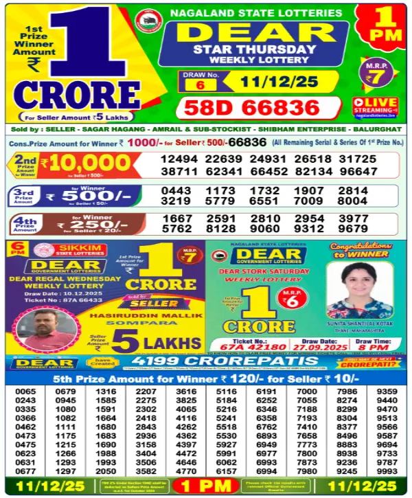 Nagaland Lottery Sambad Result Today 11 December 2025: Check 1PM Dear Lucky Draw