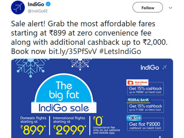 ಇಂಡಿಗೋ ವಿಮಾನಯಾನ ಟಿಕೆಟ್ ದರದಲ್ಲಿ ಆಫರ್: 899 ರು. ಆರಂಭ