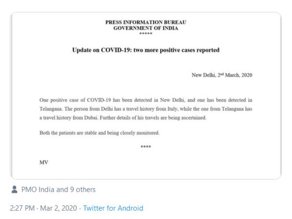 ಕೇಂದ್ರ ಆರೋಗ್ಯ ಸಚಿವಾಲಯದಿಂದ ಟ್ವೀಟ್