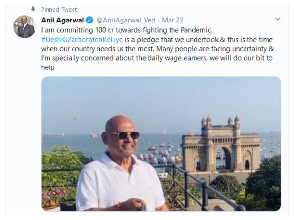 ಕೊರೊನಾ ವಿರುದ್ಧ ಹೋರಾಟಕ್ಕೆ 100 ಕೋಟಿ ಘೋಷಿಸಿದ ಅನಿಲ್ ಅಗರ್ವಾಲ್