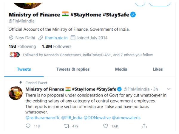 ಕೇಂದ್ರ ಸರ್ಕಾರಿ ನೌಕರರ ಸಂಬಳ ಕಡಿತವಿಲ್ಲ :ಹಣಕಾಸು ಸಚಿವಾಲಯ ಸ್ಪಷ್ಟನೆ