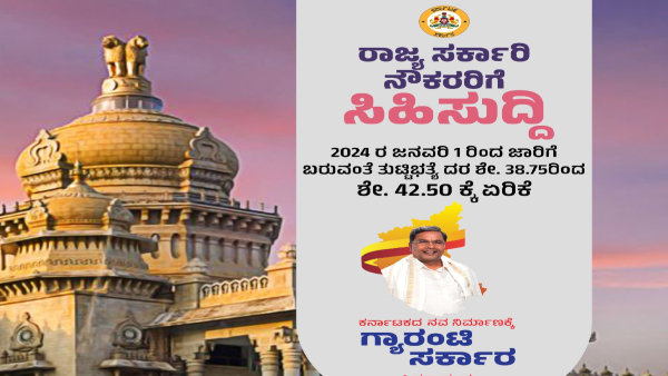 ರಾಜ್ಯ ನೌಕರರಿಗೆ ಸಿಹಿಸುದ್ದಿ: ತುಟ್ಟಿಭತ್ಯೆ  42.5%ಕ್ಕೆ ಹೆಚ್ಚಳ 