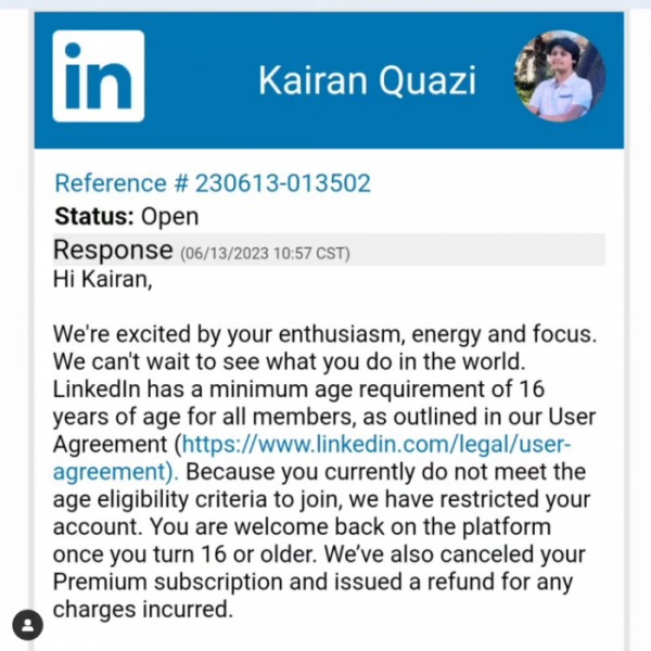 Kairan Quazi: எங்களுக்கு ரூல்ஸ் ரூல்ஸ் தான்.. 14 வயது சிறுவனின் Linkedin கணக்கு முடக்கம்..! 