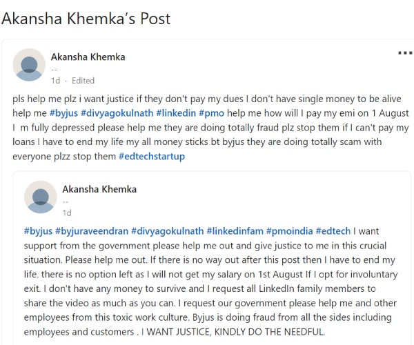 பைஜூஸ் ஊழியரின் கதறல்.. விபரீத முடிவை எடுப்பதாக எச்சரிக்கை..! 