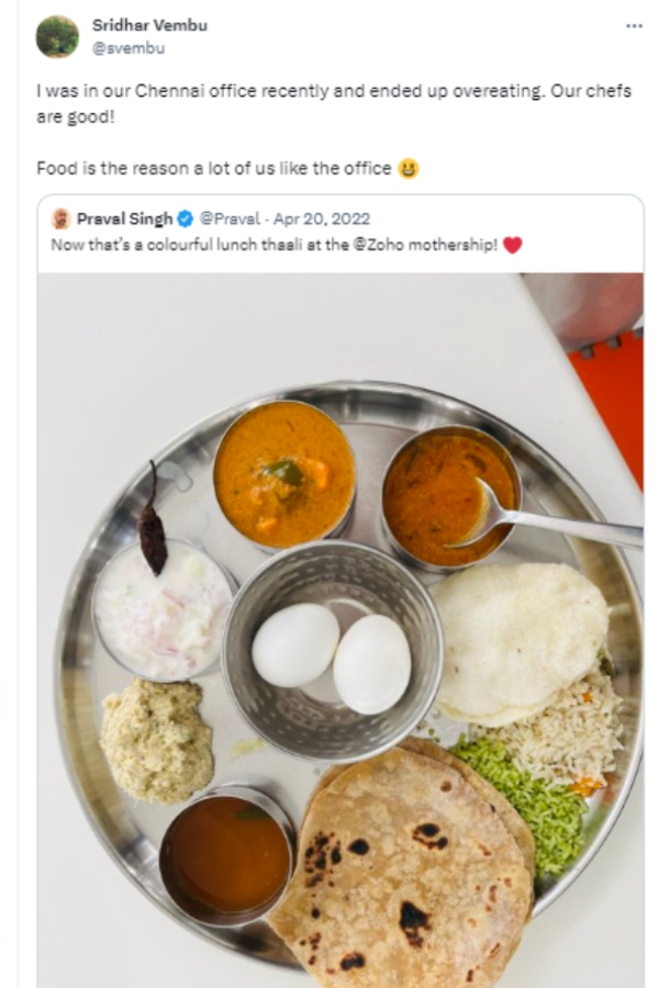 சென்னை Zoho அலுவலகத்தில் சாப்பாடு செமயா இருக்கே.. வாவ்.. டிரெண்டாகும் போட்டோ..! 