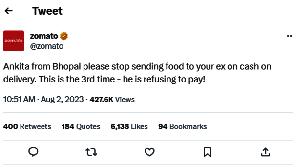 இந்தாம்மா அங்கிதா.. உன் Ex-க்கு கேஷ் ஆன் டெலிவரி போடாத.. Zomato கல கல டிவீட்..! 