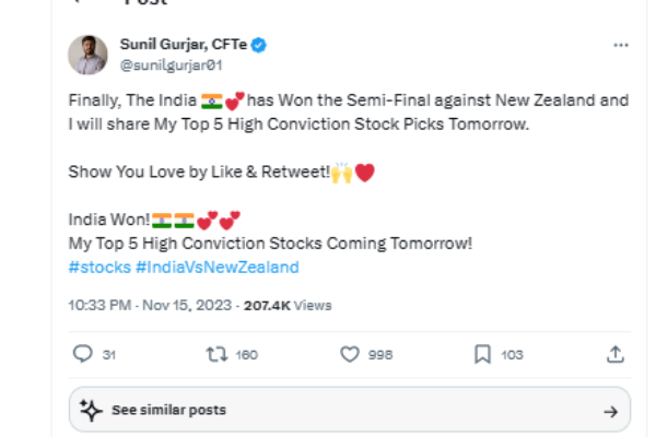 இந்திய அணி வெற்றி.. சொன்ன சொல்லை காப்பாற்றிய பங்குச் சந்தை நிபுணர்..! 