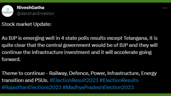 BJP வெற்றி..! டிவிட்டரில் கொக்கரிக்கும் பங்குச்சந்தை முதலீட்டாளர்கள்.. பணமழை பெய்ய போகுதாம்!
