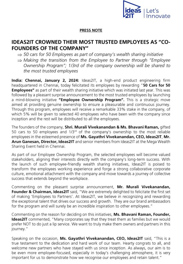 இப்படியொரு முதலாளி யாருக்கு கிடைக்கமாட்டாங்க, ஐடி ஊழியர்களுக்கு கார் கிப்ட்! சென்னை Ideas2IT அசத்தல்