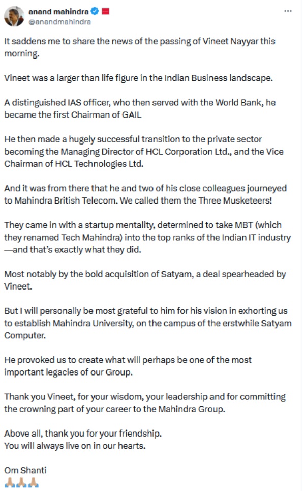 வினீத் நாயர் காலமானார்.. ஆனந்த் மஹிந்திரா உருகி உருகி செய்த பதிவு..!! 