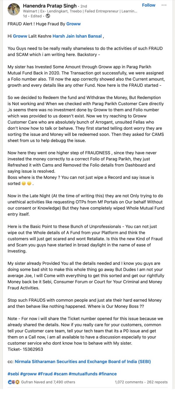 Groww ஆப் செய்த மோசடி.. வால்மார்ட் டெக் ஊழியரின் அதிர்ச்சி பதிவு..!! 