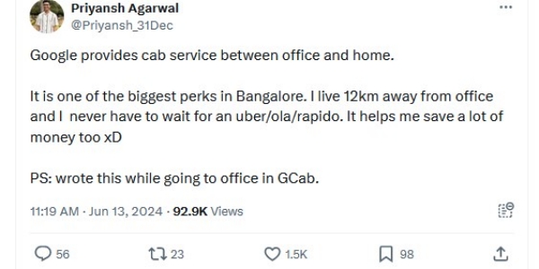 கூகுள் வேலை பார்த்தால், 'இந்த' சூப்பர் சேவை கிடைக்கும்.. பெங்களூர் ஊழியரின் கலக்கல் டிவீட்..!