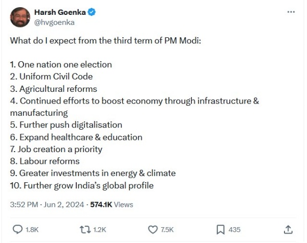 மோடி 3.0: இதுதான் எங்களுடைய எதிர்பார்ப்பு.. புட்டு புட்டு வைத்த RPG குழுமத் தலைவர் ஹர்ஷ் கோயங்கா..! 