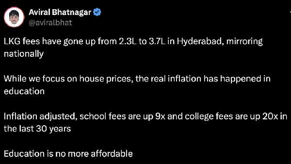  ஹைதராபாத்தில் எல்கேஜி-க்கு ரூ. 3.7 லட்சம் ஸ்கூல் ஃபீஸ்? சமூகவலைதளங்களில் கதறும் பெற்றோர்..!