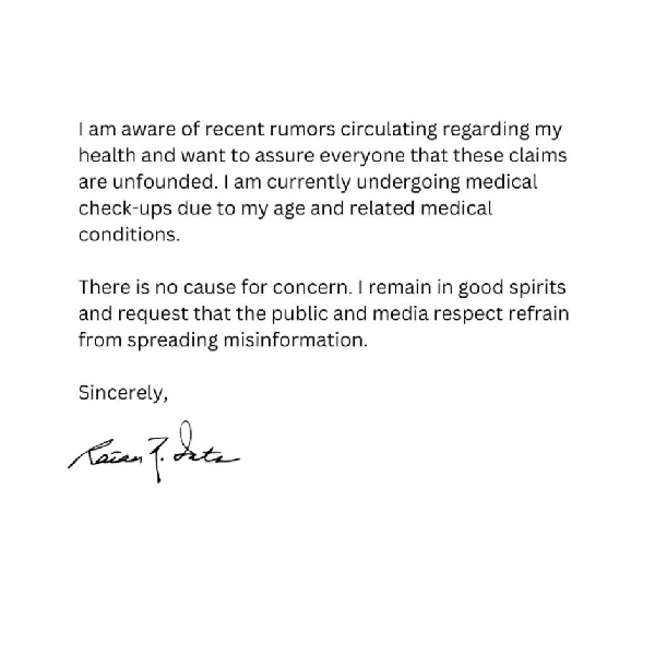 ரத்தன் டாடா உடல்நல குறைவு? எல்லாமே பொய்.. அவரே போட்ட இன்ஸ்டா பதிவு..!! ரத்தன் டாடா உடல்நல குறைவு? எல்லாமே பொய்.. அவரே போட்ட இன்ஸ்டா பதிவு..!!