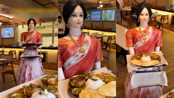 புடவை கட்டிக்கொண்டு அழகாய் பரிமாறும் ரோபோ.. ஹோட்டலில் டெக்னாலஜி புகுந்து விளையாடுது..!!