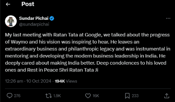 ரத்தன் டாடா மறைவு: கூகுள் CEO சுந்தர் பிச்சை பகிர்ந்த முக்கியமான விஷயம்..!! 