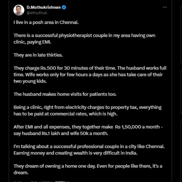  ரூ.1.5 லட்சம் வருமானம் பெரும் தம்பதி! ஆனால் சென்னையில் வீடு வாங்க முடியல! அனல் பறக்கும் விவாதம்!