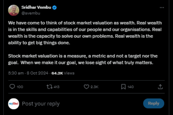 முதலீட்டாளர்களுக்கு ஒரு மெசேஜ் சொல்லும் ஸ்ரீதர் வேம்பு.. மக்களுக்கு இதுதான் ரொம்ப முக்கியம்!