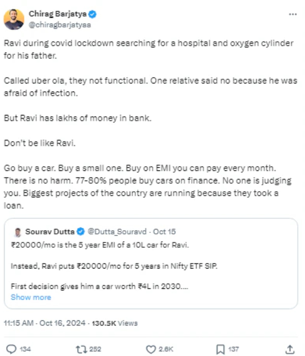 ஃப்ரீ அட்வைஸ்.. கார் வேண்டாம், SIP-ல் காசு போடுங்க.. வாங்கிக்கட்டிக்கொண்ட முதலீட்டு ஆலோசகர்..!! 