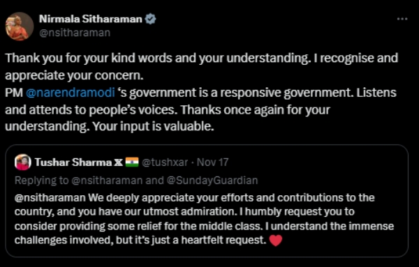 மிடில் கிளாஸ் மக்களுக்கும் விடிவுகாலம் பிறக்குமா? நிர்மலா சீதாராமன் அளித்த பதில்! டிரெண்டான X பதிவு 