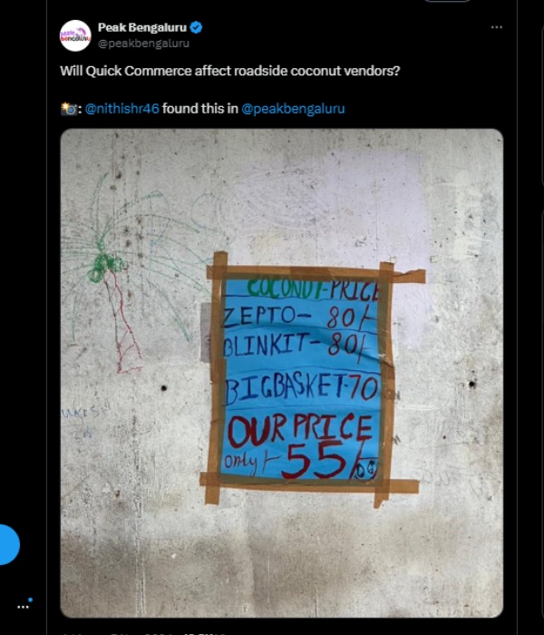 தேங்காய் விலை செப்டோ, பிளிங்கிட்டில் ரூ.80. எங்களிடம் வெறும் ரூ.55! கெத்து காட்டிய தெருவோர வியாபாரி!