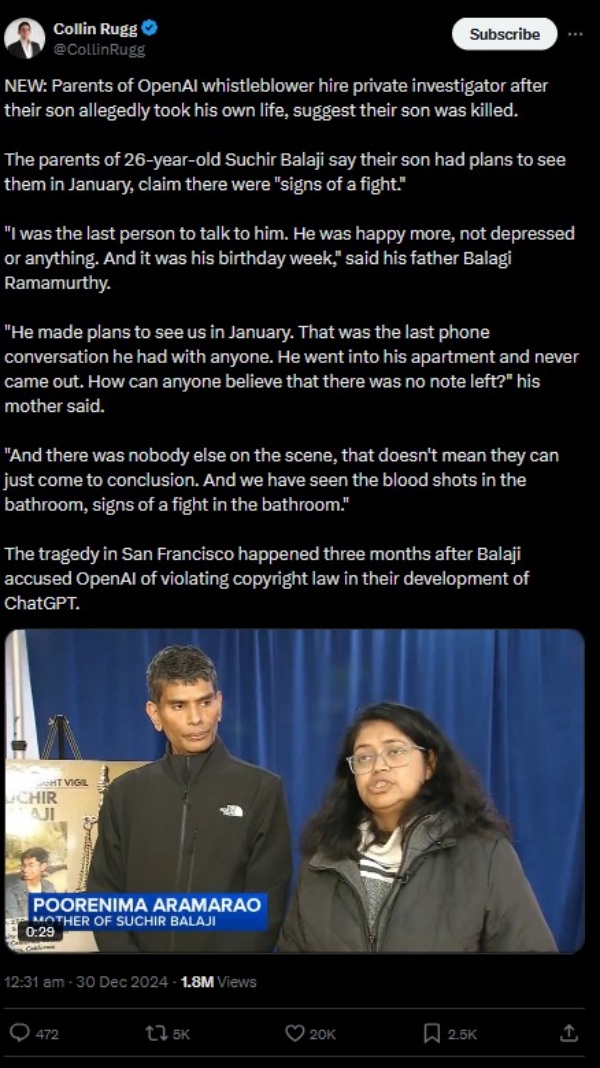 சுச்சிர் பாலாஜி மரணம்! ஒட்டுமொத்த டெக் துறையும் ஷாக்.. களத்தில் இறங்கிய எலான் மஸ்க்! யார் இவர்?