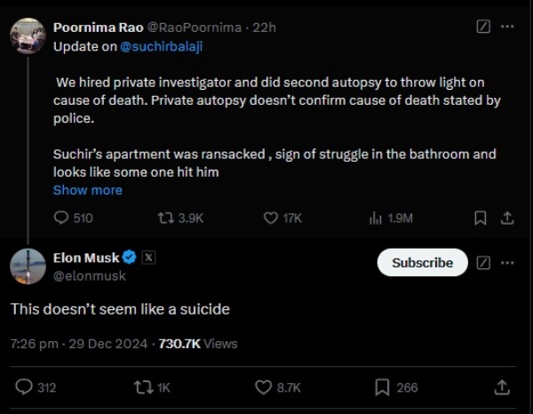 சுச்சிர் பாலாஜி மரணம்! ஒட்டுமொத்த டெக் துறையும் ஷாக்.. களத்தில் இறங்கிய எலான் மஸ்க்! யார் இவர்?