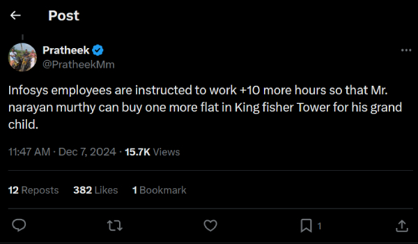 இன்போசிஸ் ஊழியர்கள் இனி எக்ஸ்ட்ரா 10 மணிநேரம் வேலை செய்யனும்! நிறுவனரை வறுத்தெடுக்கும் நெட்டிசன்கள்! இன்போசிஸ் ஊழியர்கள் இனி எக்ஸ்ட்ரா 10 மணிநேரம் வேலை செய்யனும்! நிறுவனரை வறுத்தெடுக்கும் நெட்டிசன்கள்!