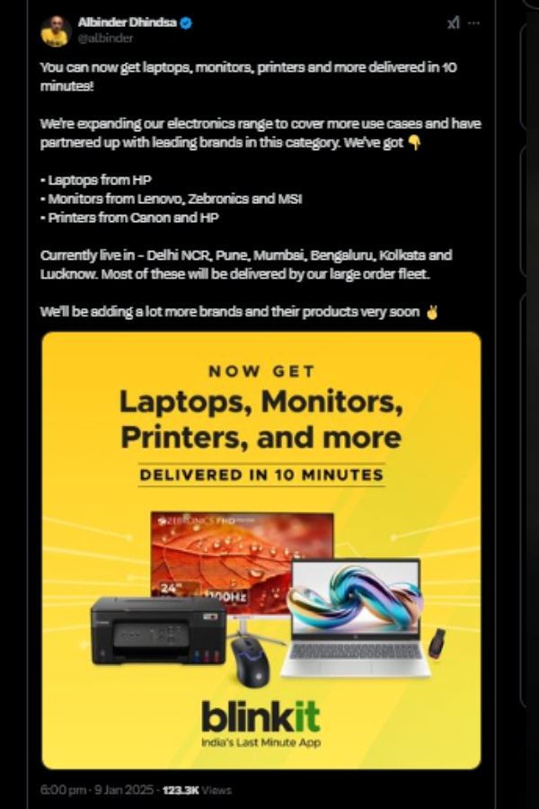  பிளிங்கிட் கொண்டு வந்த புதிய சேவை.. இனி லேப்டாப்கள், பிரிண்டர்கள் வெறும் 10 நிமிடத்தில் டெலிவரி!