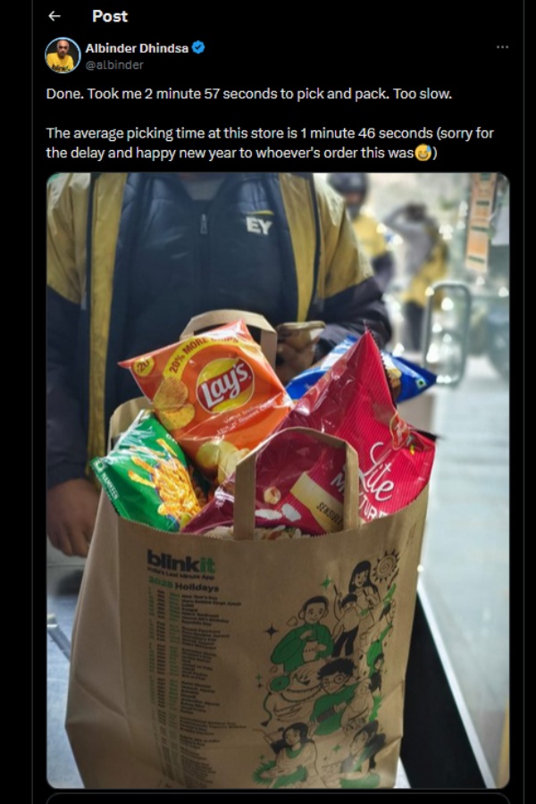 ஒரு நாள் டெலிவரி ஏஜென்டாக மாறிய பிளிங்கிட் CEO.. 3 நிமிட தாமதத்திற்காக வருத்தம் தெரிவித்துப் போஸ்ட்!