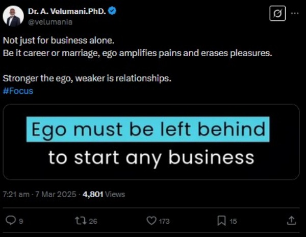 முதல்ல Ego-வை தூக்கிப் போடுங்க.. ரூ. 7000 கோடி சம்பாதிச்ச கோயம்பத்தூர் பிசினஸ்மேன் சொல்வதை கேளுங்க! முதல்ல Ego-வை தூக்கிப் போடுங்க.. ரூ. 7000 கோடி சம்பாதிச்ச கோயம்பத்தூர் பிசினஸ்மேன் சொல்வதை கேளுங்க!