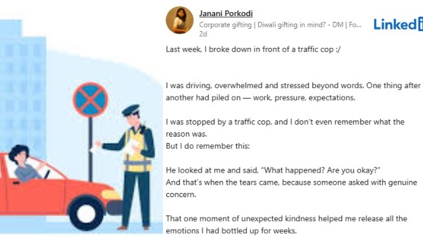 டிராபிக் போலீஸ் கேட்ட அந்த ஒரு கேள்வியால் அழுதுவிட்டேன் -நெகிழ வைக்கும் சென்னை பெண்ணின் பதிவு!!