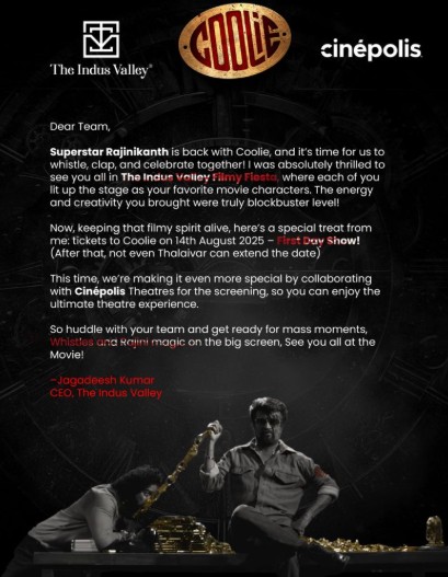 கூலி முதல் நாள் முதல் காட்சி.. பிரம்மாண்ட கொண்டாட்டத்திற்கு தயாராகும் இன்டஸ் வேலி குரூப்.!!