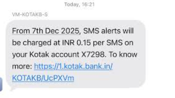 கோடக் மகேந்திரா வாடிக்கையாளர்கள் அதிர்ச்சி..! டிசம்பர் முதல் SMS Alertகளுக்கு கட்டணம்..!!