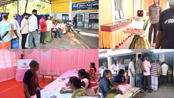 புதுச்சேரி சட்டமன்ற தேர்தல்: விறுவிறுப்பாக நடக்கும் வாக்குபதிவு!! வாக்காளர்களை வரவேற்கும் ரோபோ!!