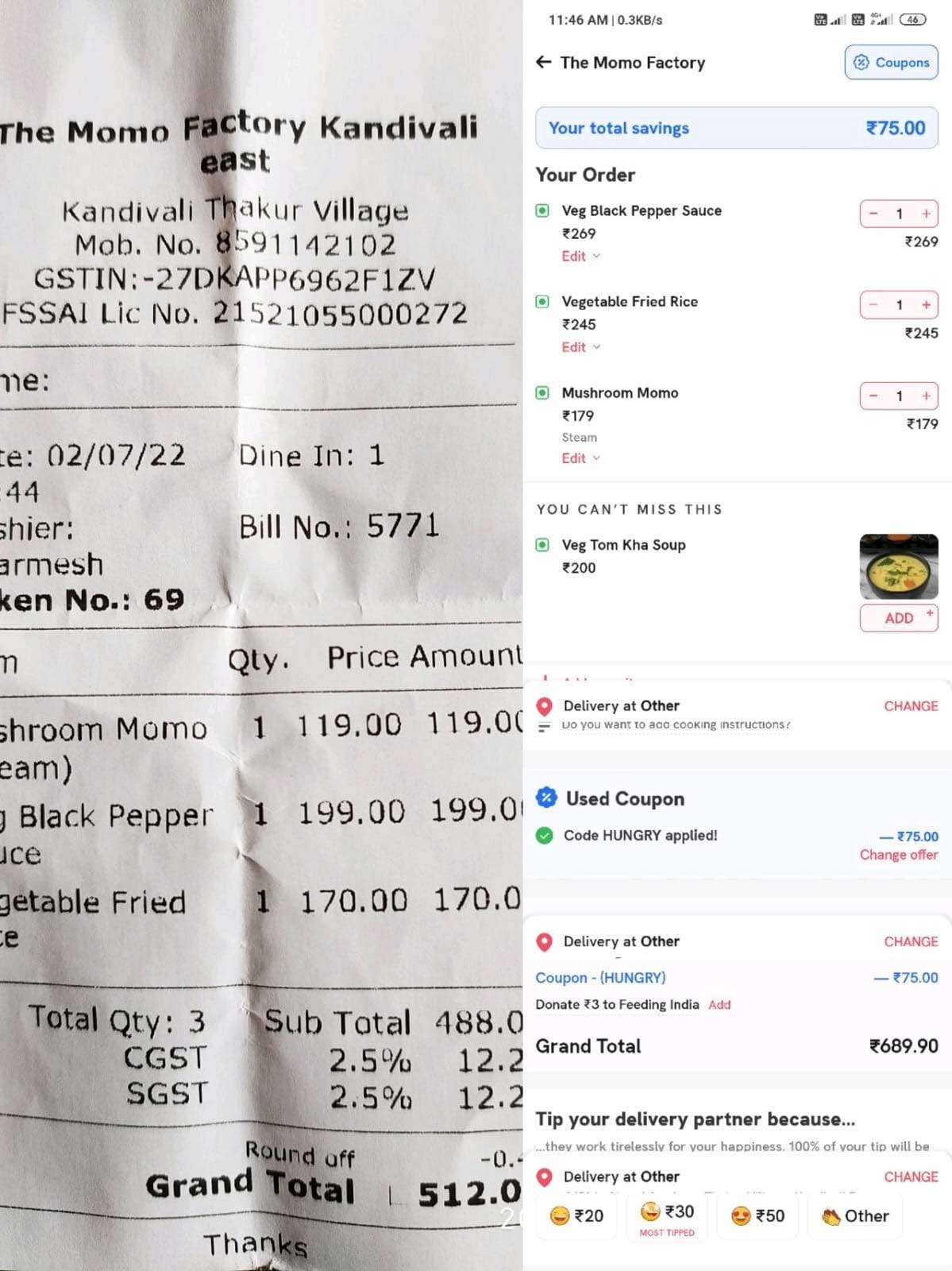 customer compares zomato bill with offline bill found huge price gap got serious post going viral in linkedin